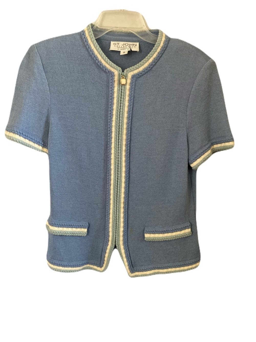 St. John knit Powder Blue Short-Sleeve Knit Jacket with Cream Trim
